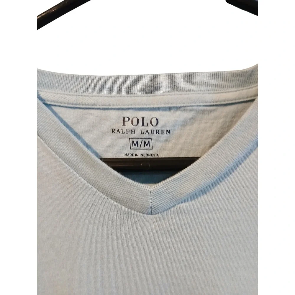 Polo Ralph Lauren Mens V-Neck T-Shirt Light Blue Orange Pony Logo Size M